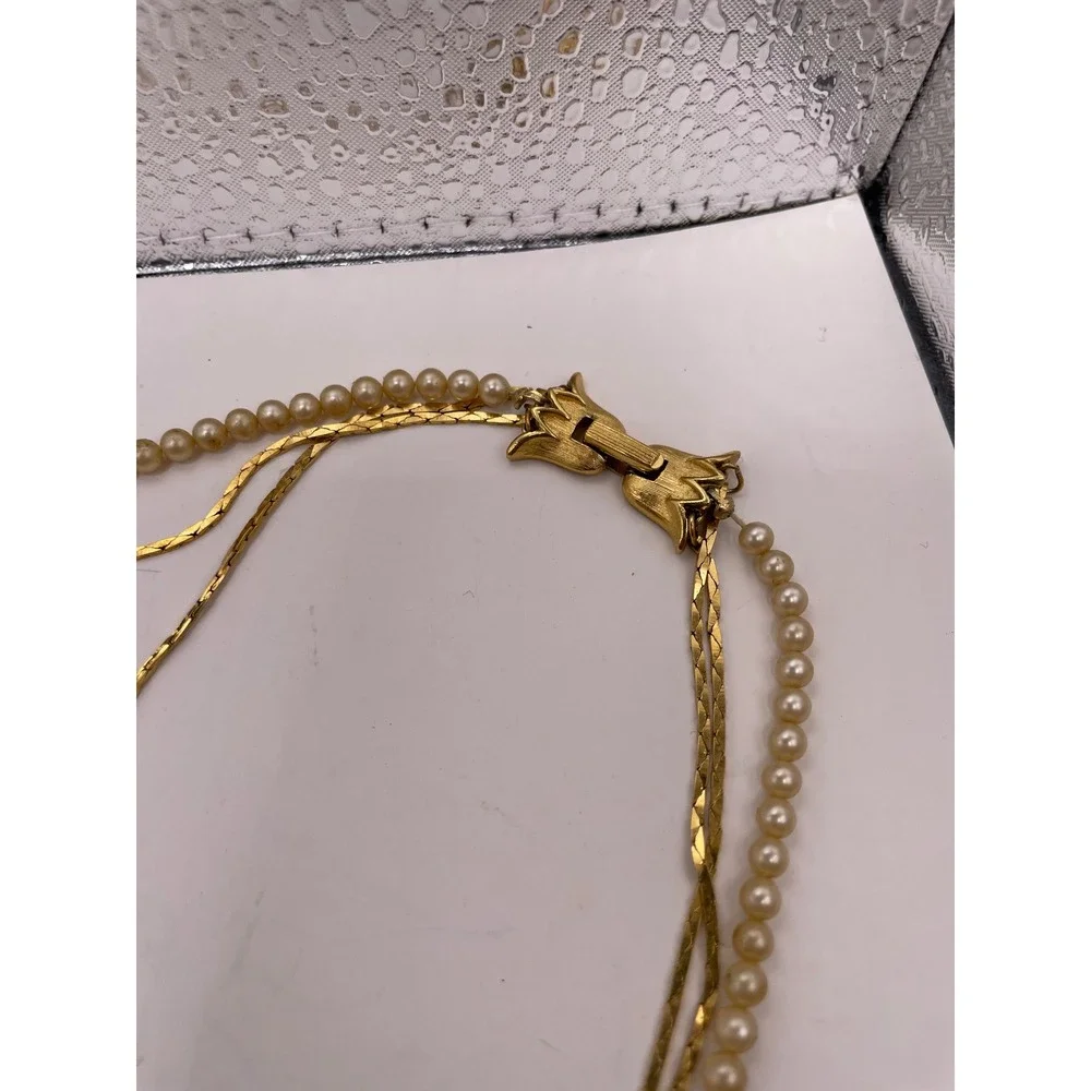Vintage Crown Trifari© Gold Tone & Faux Pearl‎ Triple Strand Necklace 27